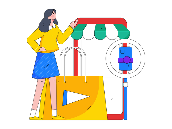 La mujer está haciendo podcast de compras.  Ilustración