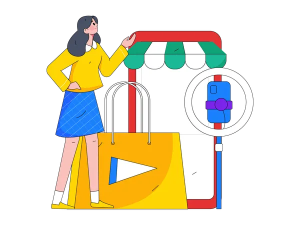 La mujer está haciendo podcast de compras.  Ilustración