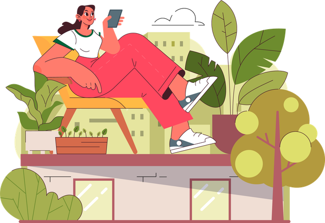 La mujer está cuidando las plantas.  Ilustración