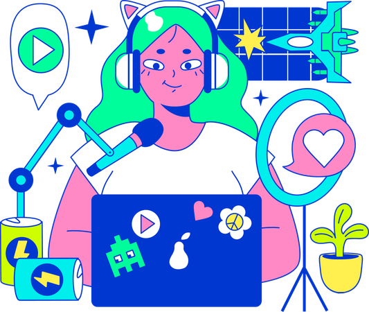 La mujer está haciendo grabación de podcast  Ilustración