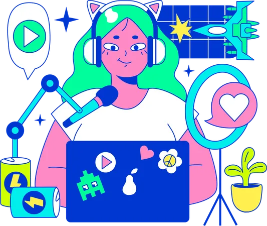 La mujer está haciendo grabación de podcast  Ilustración