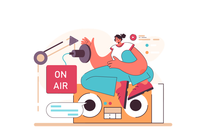 La mujer está haciendo una transmisión de radio.  Ilustración