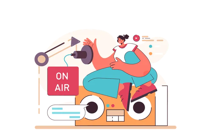 La mujer está haciendo una transmisión de radio.  Ilustración