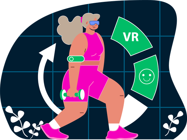 La mujer está haciendo levantamiento de pesas en realidad virtual  Ilustración