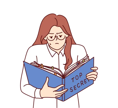 La mujer está leyendo un libro de datos confidenciales  Ilustración