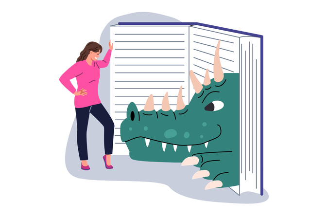 La mujer está leyendo un libro sobre zoología y reptiles cerca de una enciclopedia con cabeza de dinosaurio  Ilustración