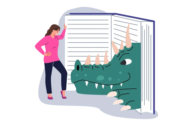 La mujer está leyendo un libro sobre zoología y reptiles cerca de una enciclopedia con cabeza de dinosaurio  Ilustración