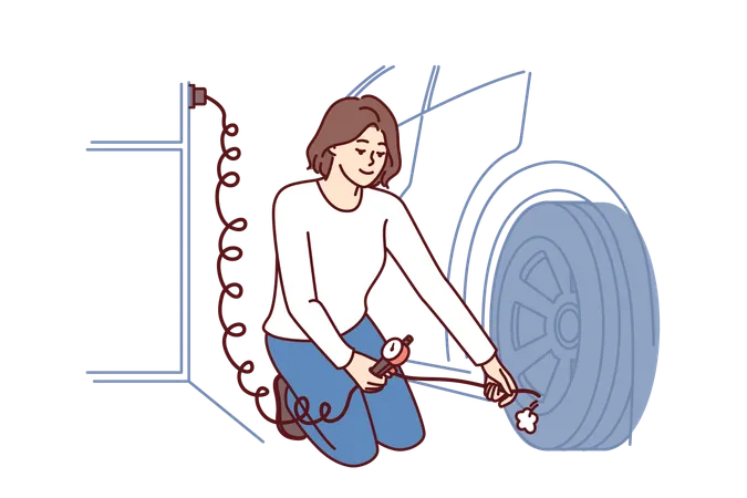 La mujer está llenando aire usando una bomba de aire en neumáticos de automóvil  Ilustración