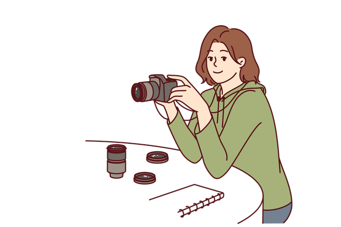 La mujer está viendo fotos de la cámara.  Ilustración
