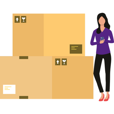 La mujer está parada junto a las cajas de cartón.  Illustration