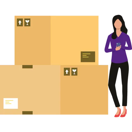 La mujer está parada junto a las cajas de cartón.  Illustration