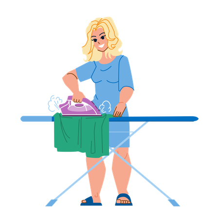 La mujer está planchando ropa en la mesa  Ilustración