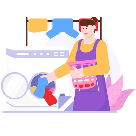 La mujer está poniendo ropa en la lavandería.  Ilustración