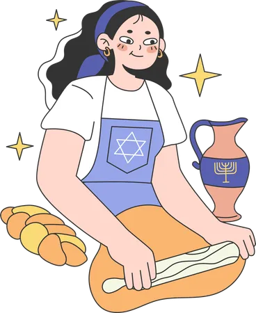 La mujer está preparando pan con harina para la celebración de Hanukkah  Ilustración