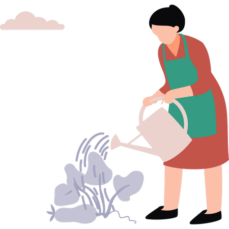 La mujer está regando las plantas.  Ilustración