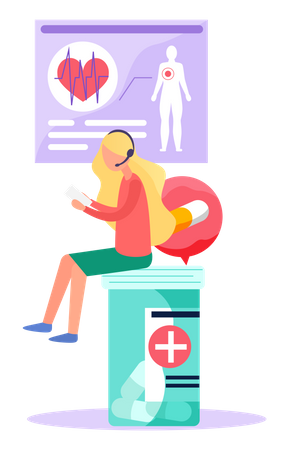 La mujer está sentada en un recipiente con pastillas  Ilustración