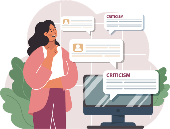 Mujer Estar abierta al diálogo para afrontar los juicios en el trabajo.  Illustration