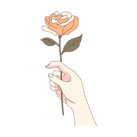 Mano de mujer estética sosteniendo una hermosa flor rosa  Ilustración