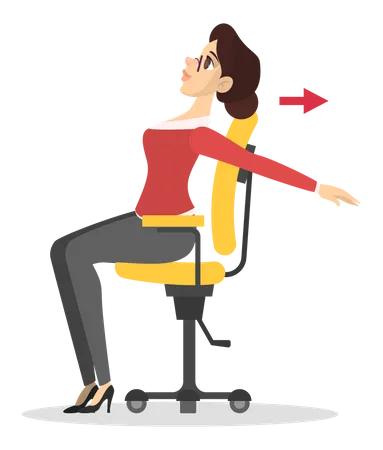 Mujer estirándose hacia atrás sentada en una silla en la oficina  Ilustración