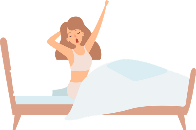 Mujer estirándose después de dormir en el dormitorio  Ilustración