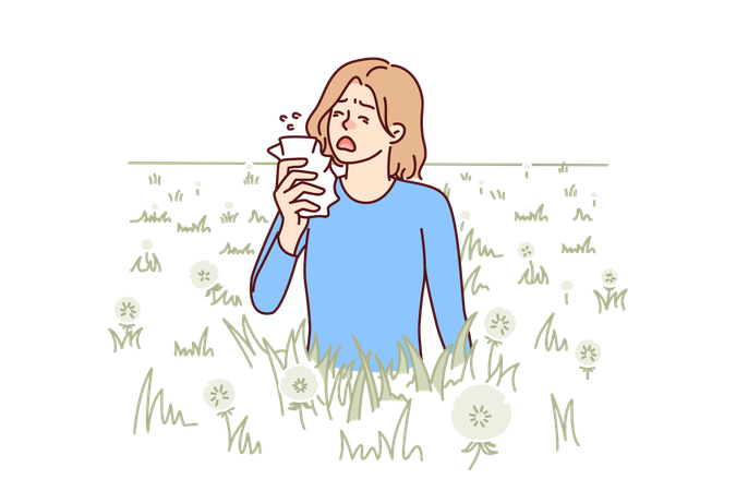 Mujer estornuda debido a alergia causada por flores de diente de león y polen de plantas de verano  Ilustración