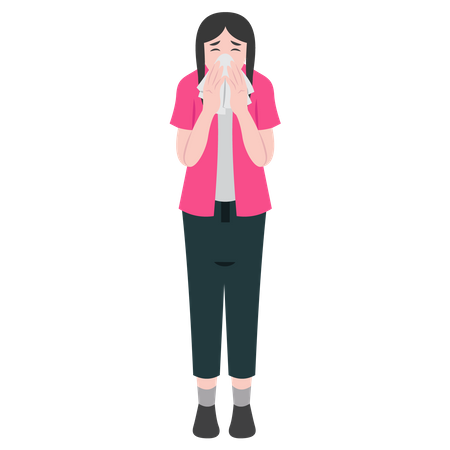 Mujer estornuda con secreción nasal  Ilustración