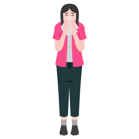Mujer estornuda con secreción nasal  Ilustración