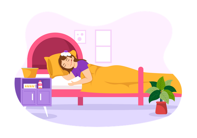 Mujer estornudando y acostada en la cama en casa  Ilustración