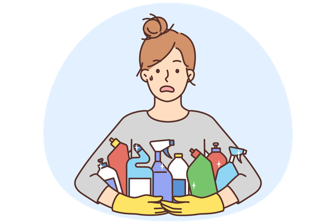 Mujer estresada con botellas de detergente  Ilustración