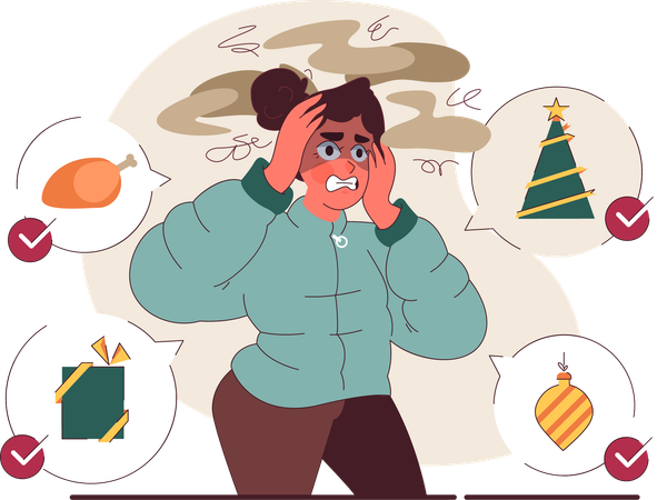 Mujer estresándose por los preparativos navideños  Ilustración