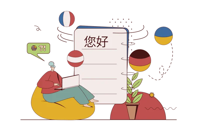 Mujer estudiando diferentes idiomas extranjeros y aprendiendo en línea en una plataforma educativa  Ilustración