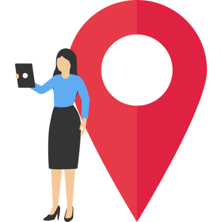 Mujer estudiando en un pin de mapa y usando teléfonos inteligentes  Ilustración