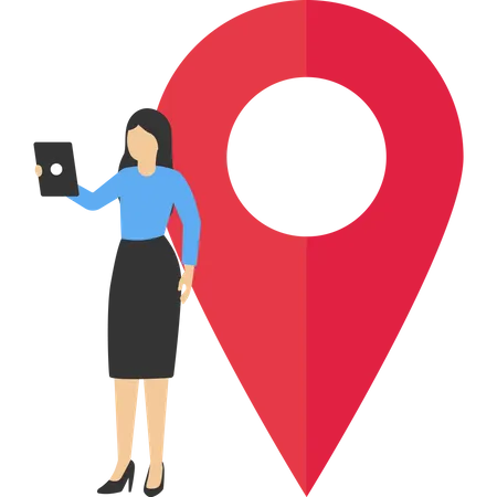 Mujer estudiando en un pin de mapa y usando teléfonos inteligentes  Ilustración