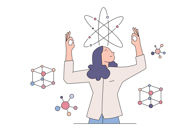 Mujer estudiando la estructura de la molécula científica  Ilustración