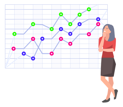 Mujer estudia estadísticas sobre presentación.  Ilustración