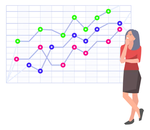 Mujer estudia estadísticas sobre presentación.  Ilustración