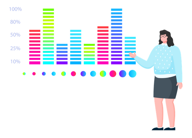 Mujer estudia estadísticas sobre presentación.  Ilustración