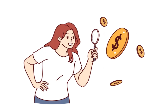 Mujer examinando monedas que caen  Ilustración