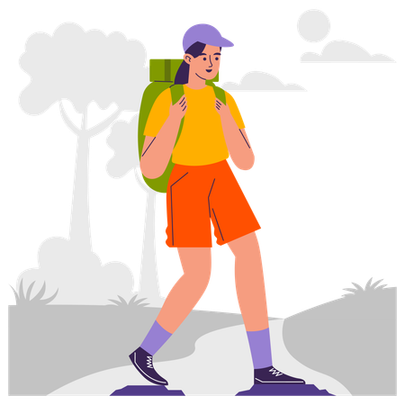 Excursionista femenina haciendo caminata por senderos  Illustration