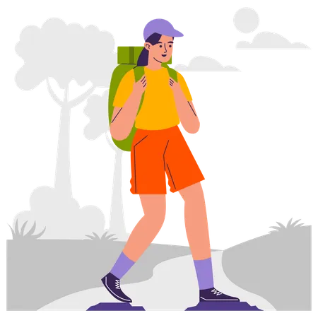 Excursionista femenina haciendo caminata por senderos  Illustration