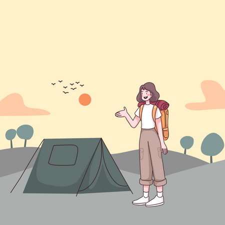 Mujer excursionista montando el campamento  Ilustración