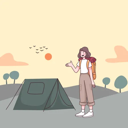 Mujer excursionista montando el campamento  Ilustración