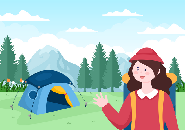 Mujer excursionista montando el campamento  Ilustración