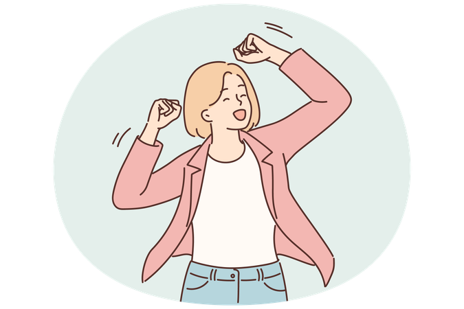 Una mujer exitosa levanta las manos haciendo un gesto de victoria después del triunfo de su propio negocio.  Ilustración