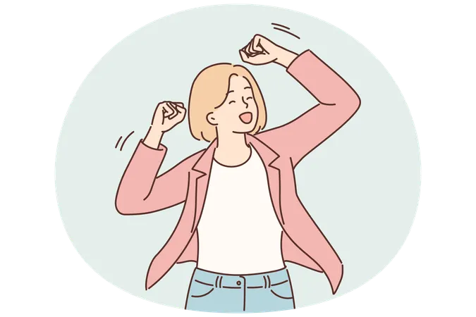 Una mujer exitosa levanta las manos haciendo un gesto de victoria después del triunfo de su propio negocio.  Ilustración