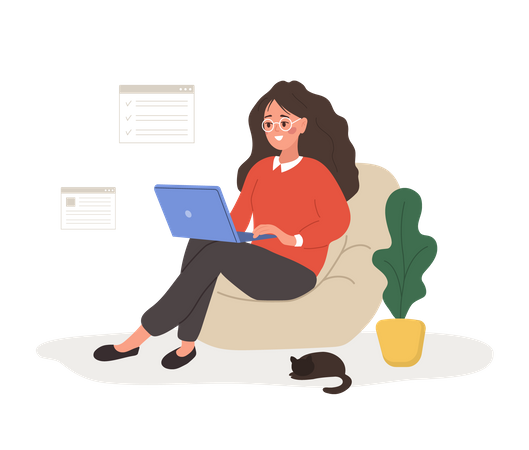 Una mujer exitosa se sienta con una computadora portátil y resuelve problemas laborales  Ilustración