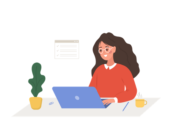 Mujer exitosa sentada a la mesa con una computadora portátil y resuelve problemas de trabajo  Ilustración