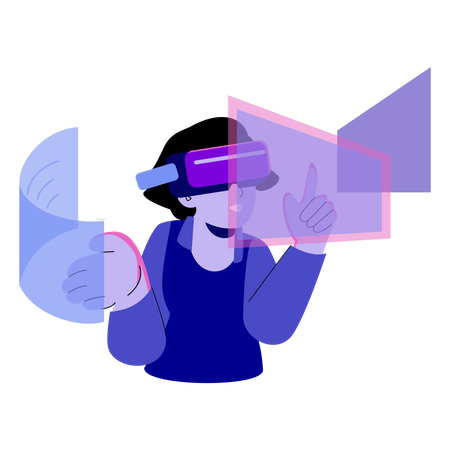 Mujer experimentando tecnología metaversa usando auriculares VR  Ilustración