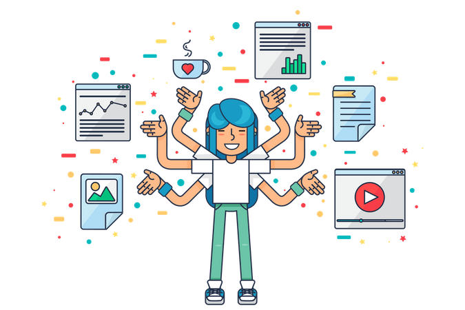 Mujer experta en multitarea  Ilustración