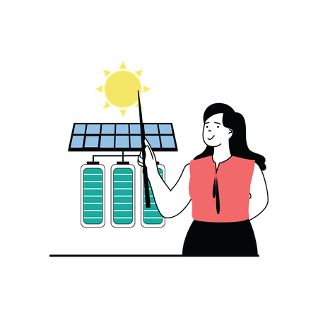 Mujer explicando el proceso de carga de baterías mediante energía solar  Ilustración